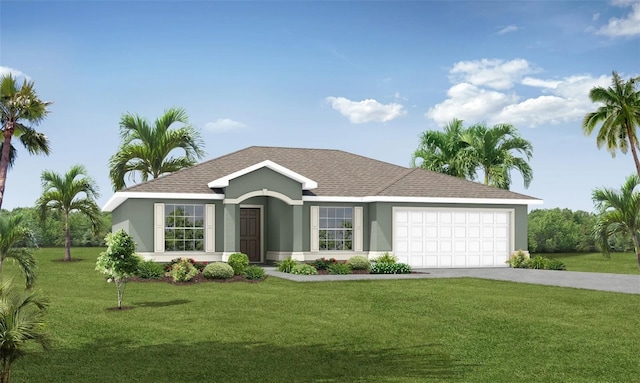 ranch-style house featuring a garage and a front lawn