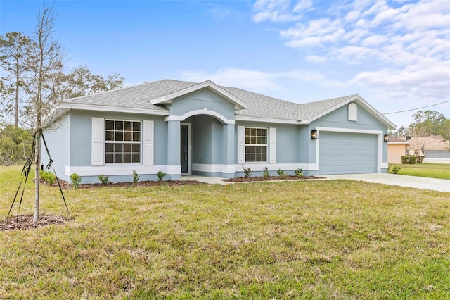 single story home with a garage and a front yard