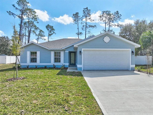 ranch-style home with a garage and a front yard