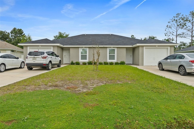 single story home with a front yard and a garage