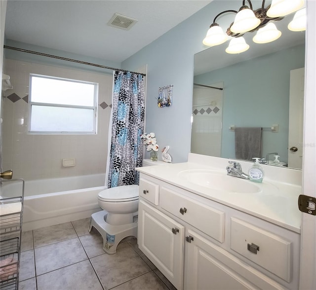 full bathroom featuring shower / tub combo, toilet, tile patterned floors, vanity, and an inviting chandelier