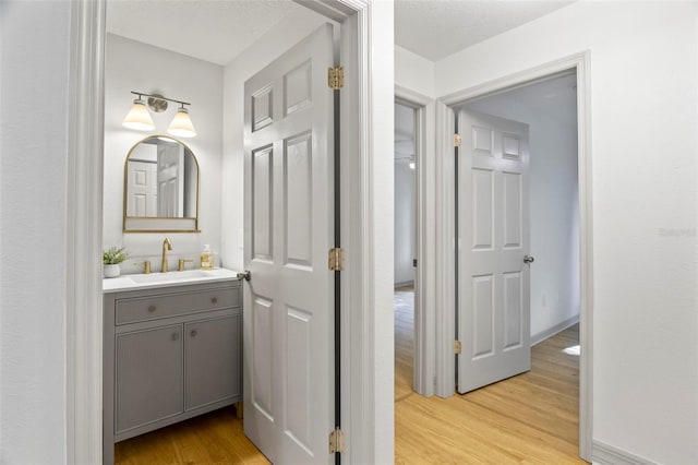 bathroom with vanity, a textured ceiling, and wood-type flooring