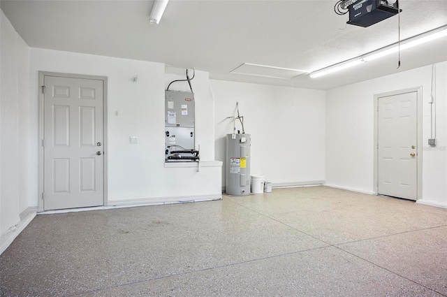 garage with a garage door opener, water heater, and heating unit