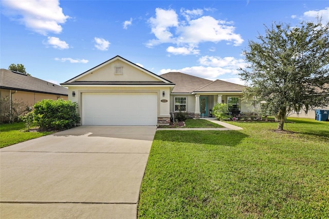 single story home featuring a front yard and a garage