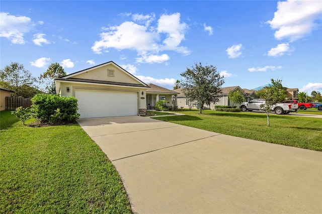 single story home featuring a garage and a front lawn