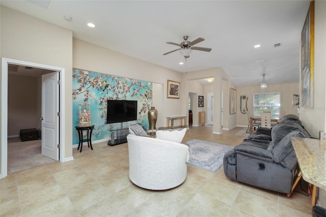 living room featuring ceiling fan