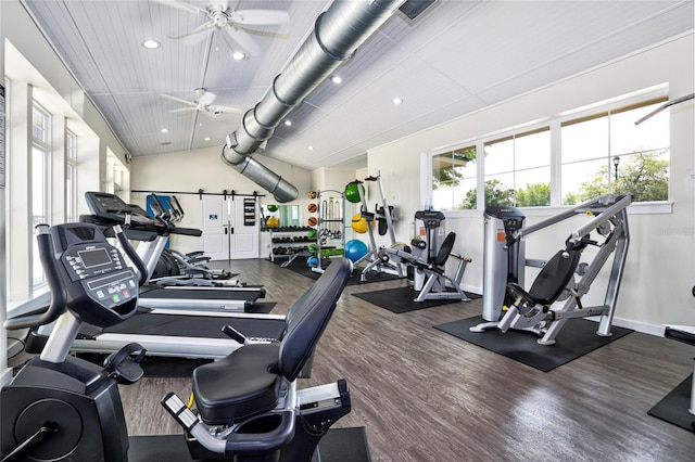 gym with hardwood / wood-style flooring and ceiling fan