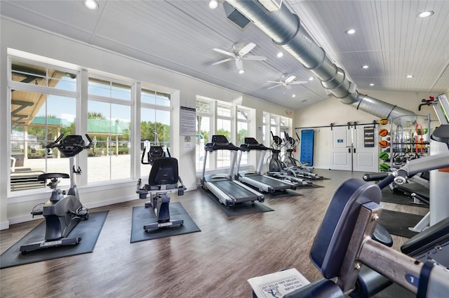 gym with hardwood / wood-style flooring, ceiling fan, lofted ceiling, and wooden ceiling