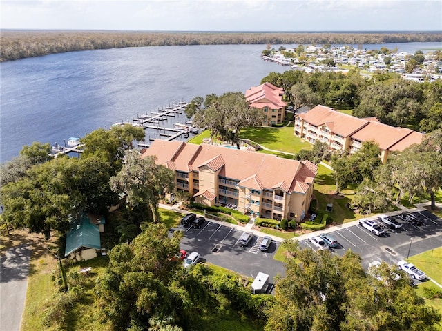 aerial view featuring a water view