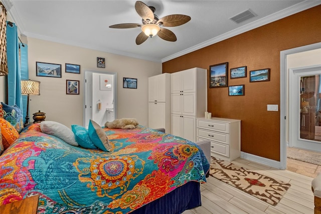 bedroom with light hardwood / wood-style flooring, ensuite bath, ceiling fan, and ornamental molding