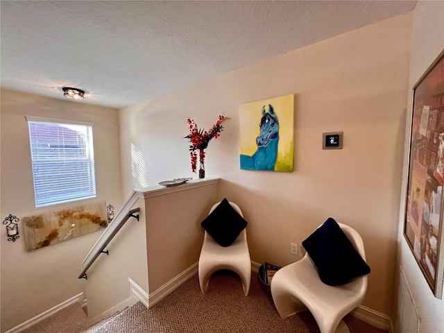 sitting room with carpet flooring and a textured ceiling