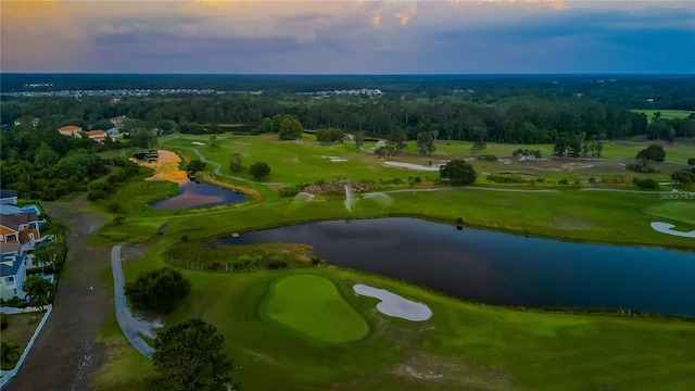 aerial view at dusk with a water view