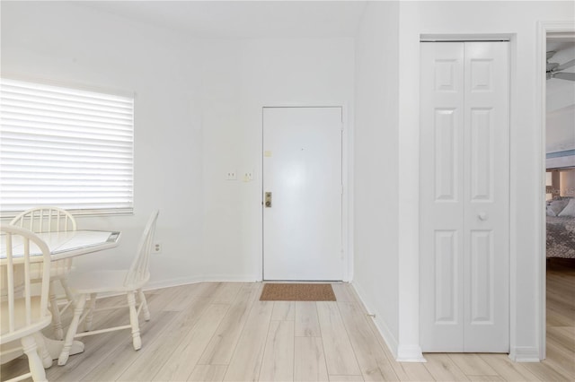 dining area with ceiling fan and light wood-type flooring