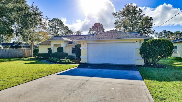 ranch-style home with stucco siding, a front yard, fence, a garage, and driveway