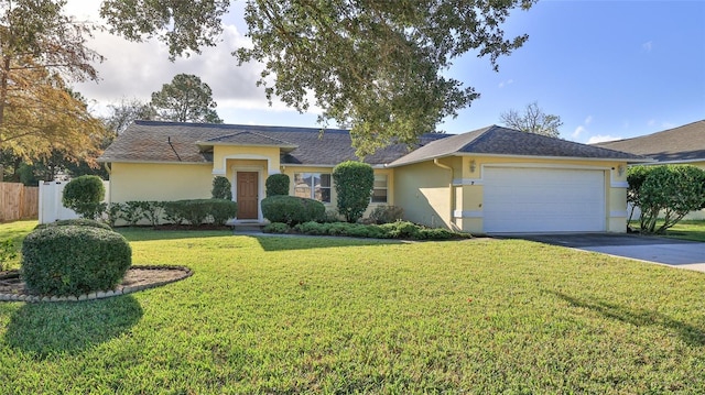 view of front of property featuring stucco siding, an attached garage, a front yard, fence, and driveway