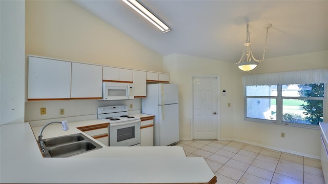 kitchen with light tile patterned flooring, white appliances, a sink, white cabinetry, and light countertops