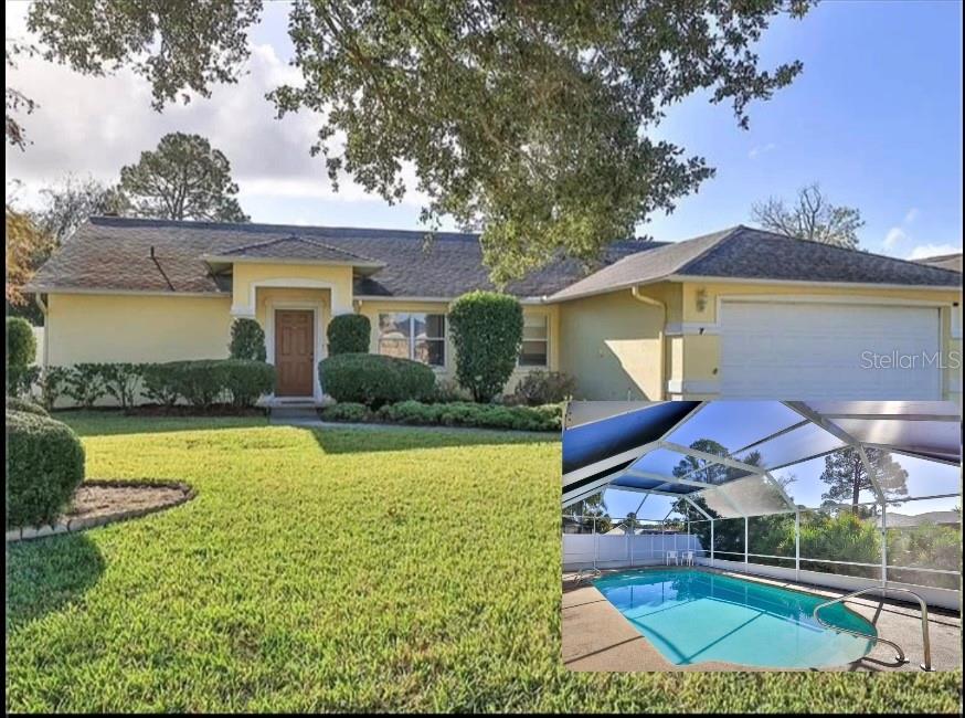 view of front facade with a lanai, an outdoor pool, a front lawn, and stucco siding