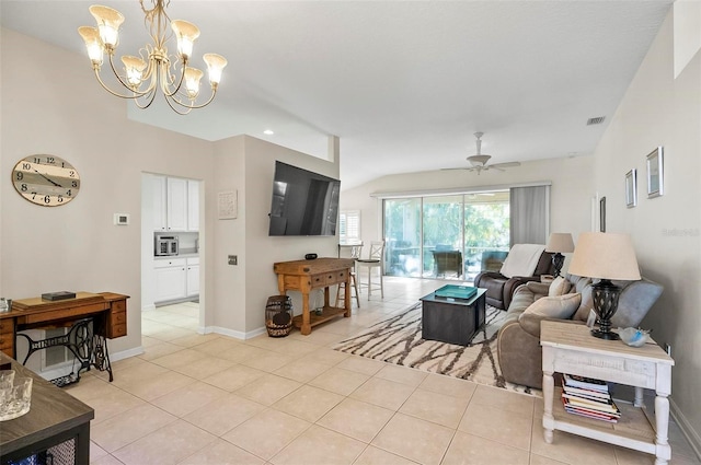 living room featuring lofted ceiling, light tile patterned floors, and ceiling fan with notable chandelier