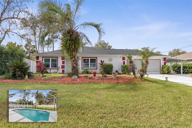 ranch-style house with a front yard, a carport, and a garage