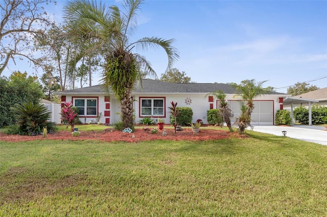 ranch-style home featuring a garage, a front yard, and a carport