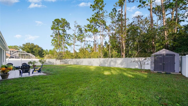 view of yard featuring a patio area and a shed