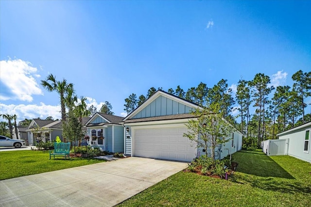 single story home featuring a front yard and a garage