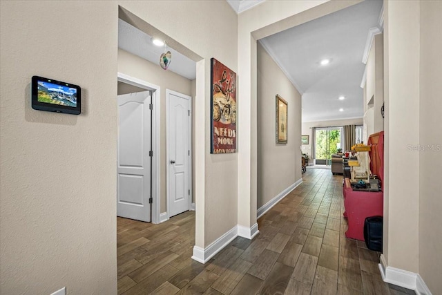 hall with ornamental molding and dark hardwood / wood-style floors