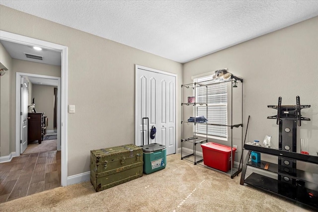 misc room with carpet and a textured ceiling