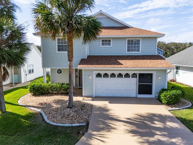 view of front of property featuring a front lawn and a garage