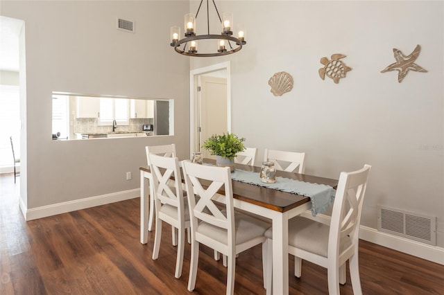 dining space featuring dark wood-type flooring, sink, and a notable chandelier