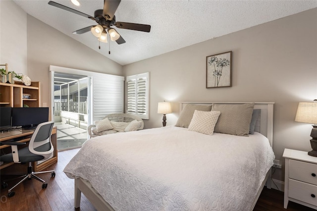 bedroom featuring ceiling fan, a textured ceiling, lofted ceiling, dark hardwood / wood-style flooring, and access to outside