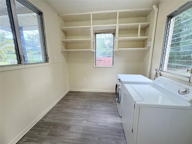 clothes washing area featuring plenty of natural light, dark hardwood / wood-style floors, and washing machine and dryer