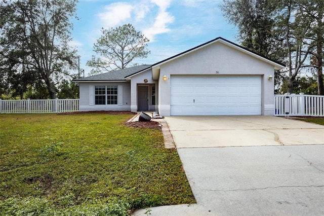 ranch-style home with a garage and a front yard