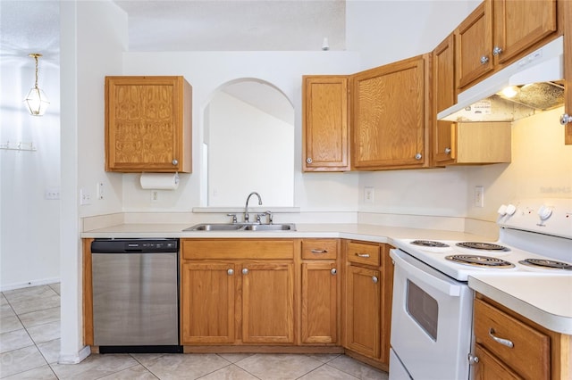 kitchen featuring dishwasher, hanging light fixtures, light tile patterned floors, sink, and white range with electric stovetop