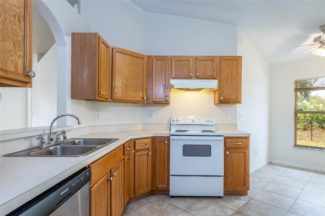 30 Sergeant Ct, Palm Coast, FL 32164 - kitchen featuring white electric range oven, under cabinet range hood, a sink, stainless steel dishwasher, and vaulted ceiling
