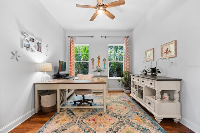 home office featuring ceiling fan and dark hardwood / wood-style floors