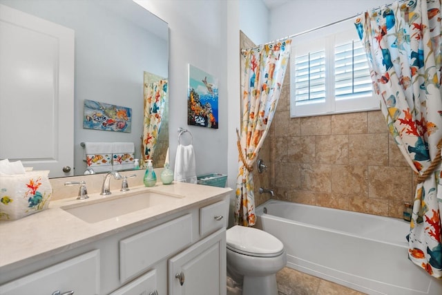 full bathroom with shower / bath combo with shower curtain, tile patterned flooring, vanity, and toilet