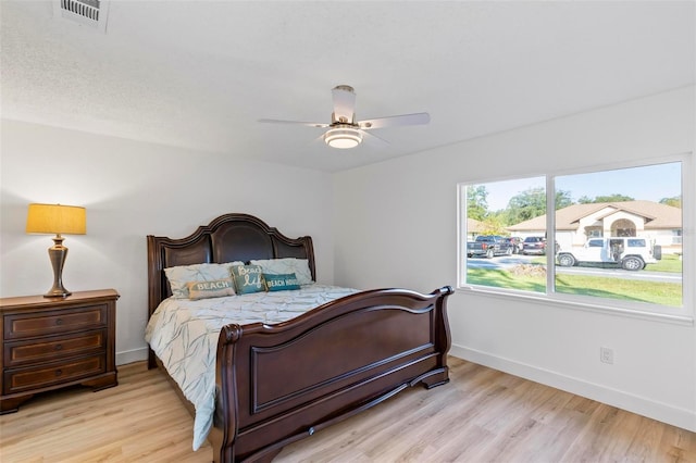 bedroom featuring ceiling fan and light hardwood / wood-style flooring