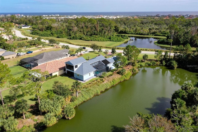 bird's eye view with a water view