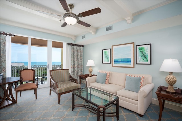 living room featuring beamed ceiling, a water view, ceiling fan, and crown molding