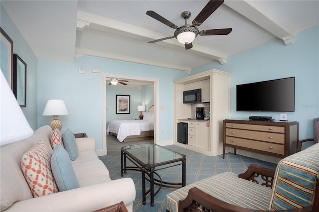 carpeted living room featuring crown molding, beamed ceiling, and ceiling fan