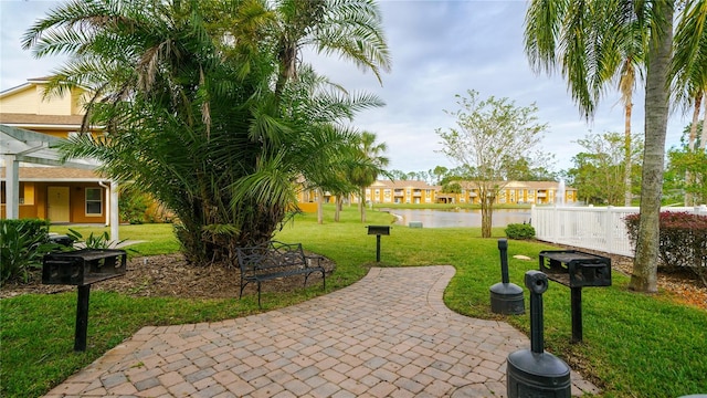 view of patio featuring a water view