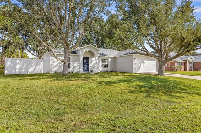 ranch-style home with a garage and a front yard