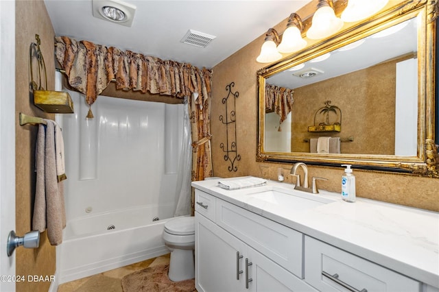 full bathroom with toilet, vanity, tile patterned flooring, and bathing tub / shower combination