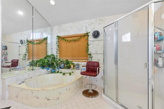 50 Florida Park Dr, Palm Coast, FL 32137 - bathroom featuring a garden tub, a shower stall, tile patterned flooring, a textured ceiling, and recessed lighting