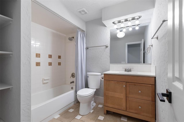 full bathroom featuring tile patterned floors, vanity, shower / bath combination with curtain, and toilet