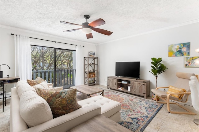 living room with ceiling fan, ornamental molding, and a textured ceiling