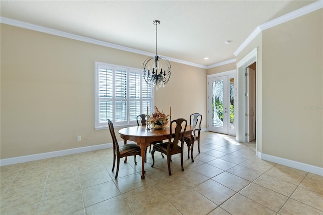 dining space featuring crown molding, light tile patterned floors, and an inviting chandelier