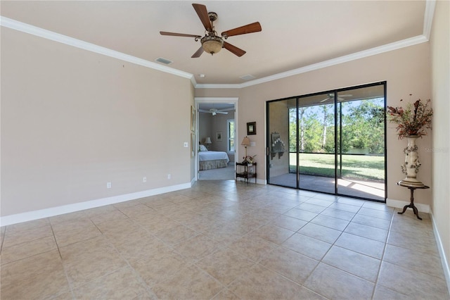 tiled empty room with crown molding and ceiling fan