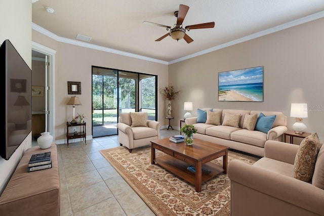 tiled living room featuring ceiling fan and ornamental molding